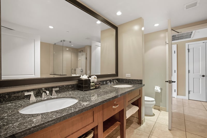 Clean, sophisticated, and well-lit, this primary bath blends utility with timeless design