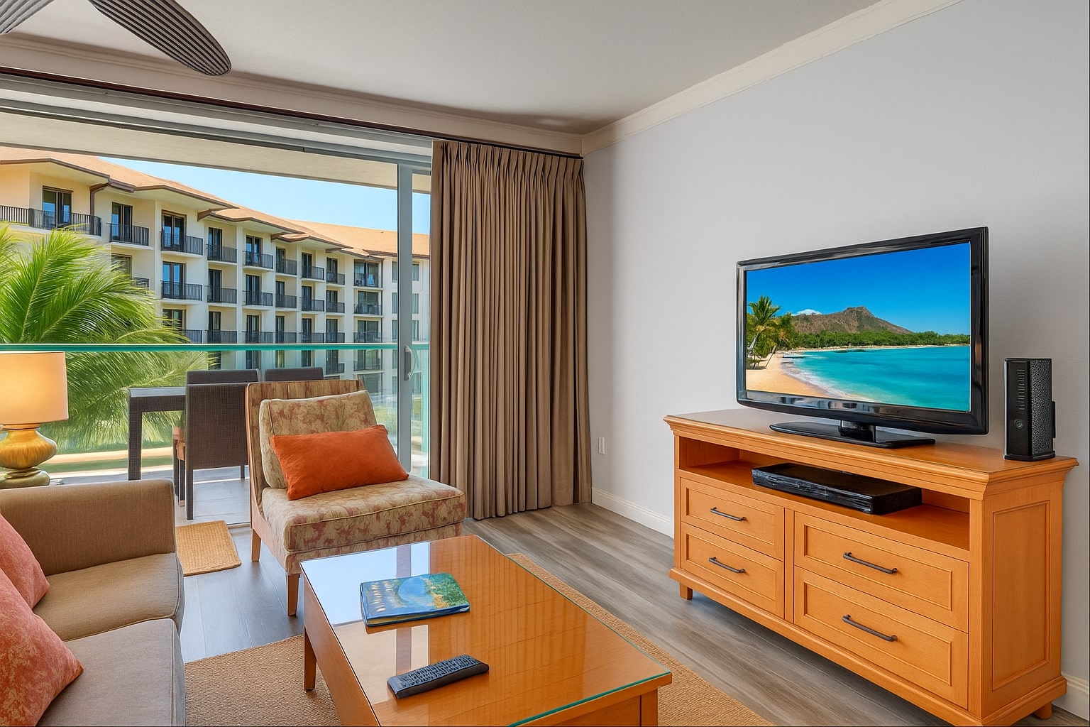 Tropical views inside and out, unwind in comfort while Hawaii plays on screen and paradise waits just beyond your balcony. HKH-412