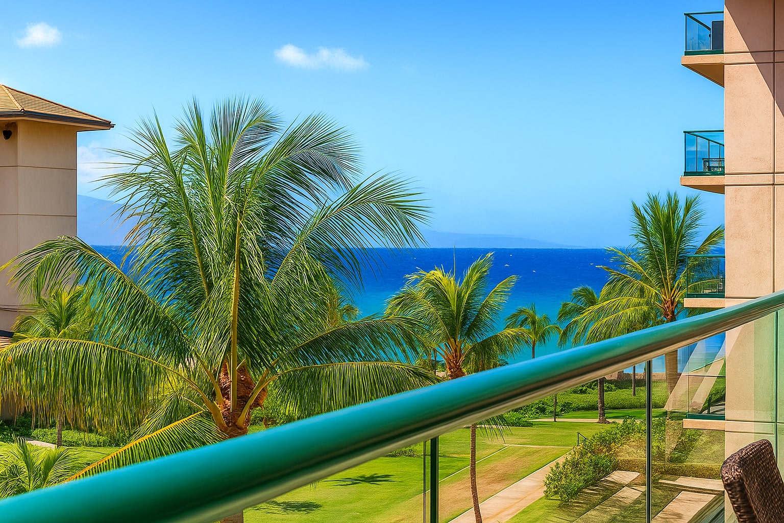 Step onto your lanai and soak in views of lush palms, golden sand, and endless blue ocean HKH-412