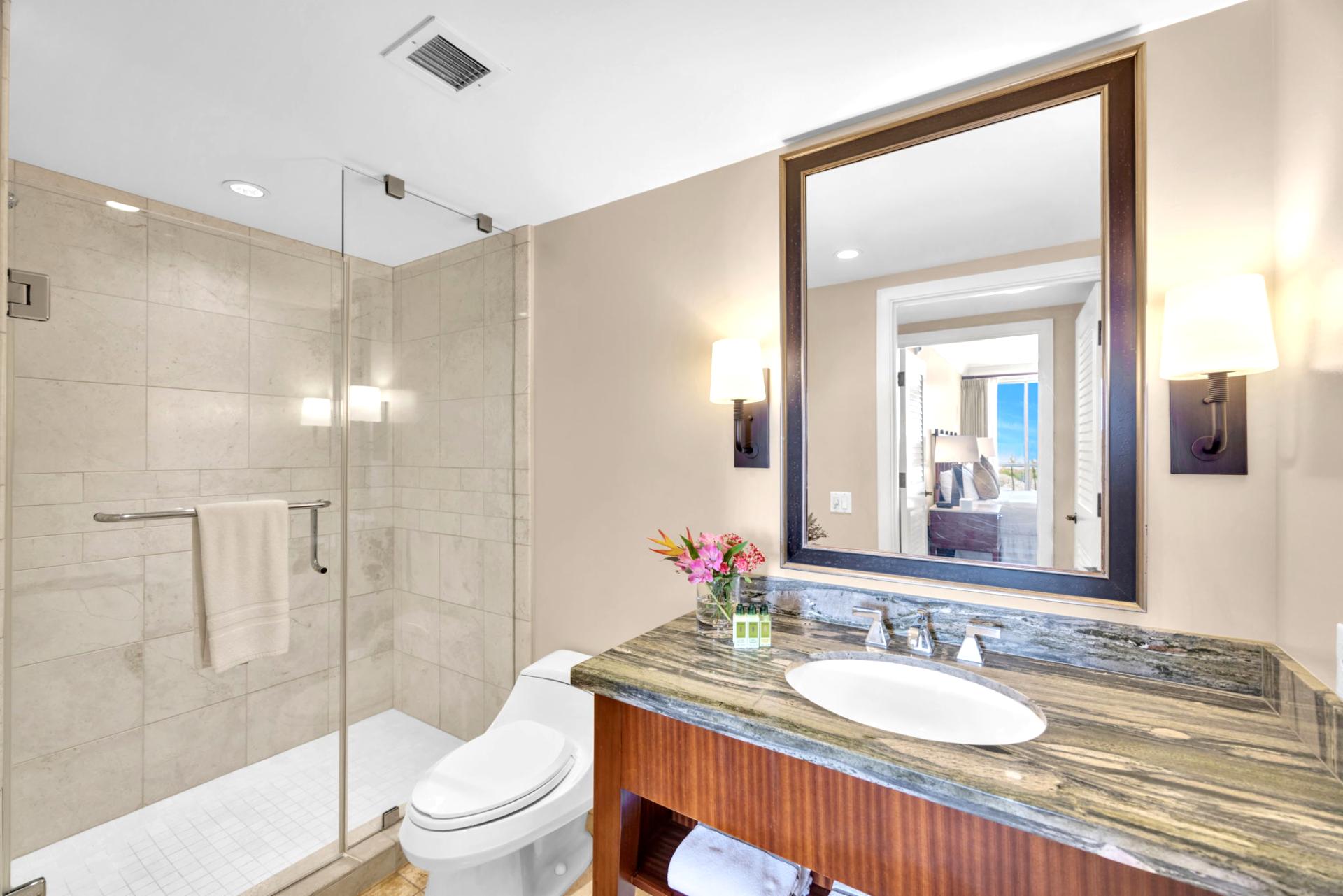 Spacious guest bath with walk-in shower and bright vanity