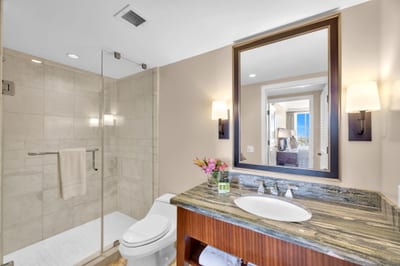 Spacious guest bath with walk-in shower and bright vanity