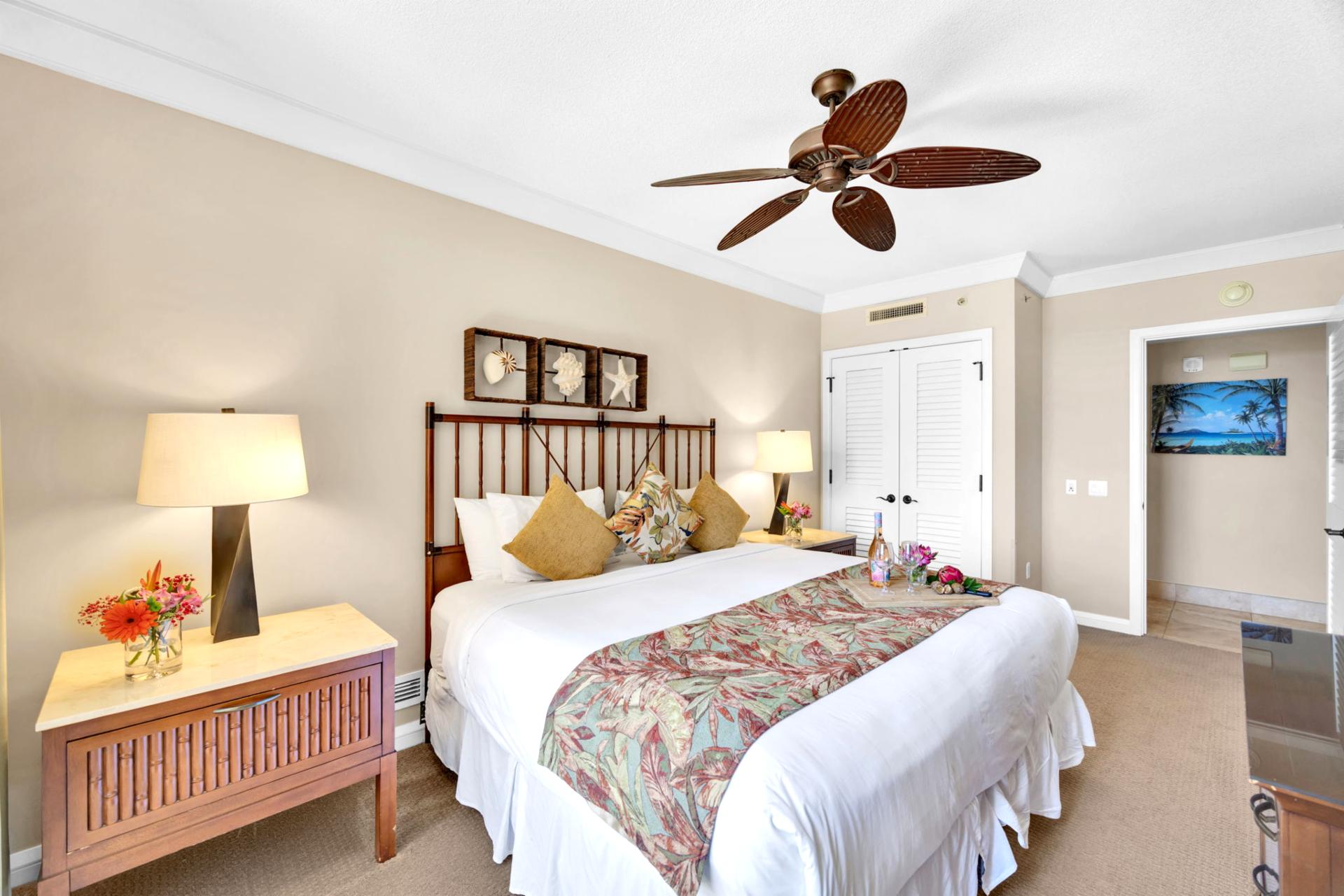 Breezy bedding and island details make this room a peaceful escape