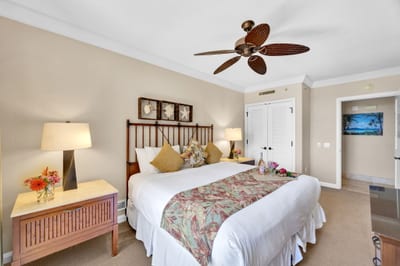Breezy bedding and island details make this room a peaceful escape