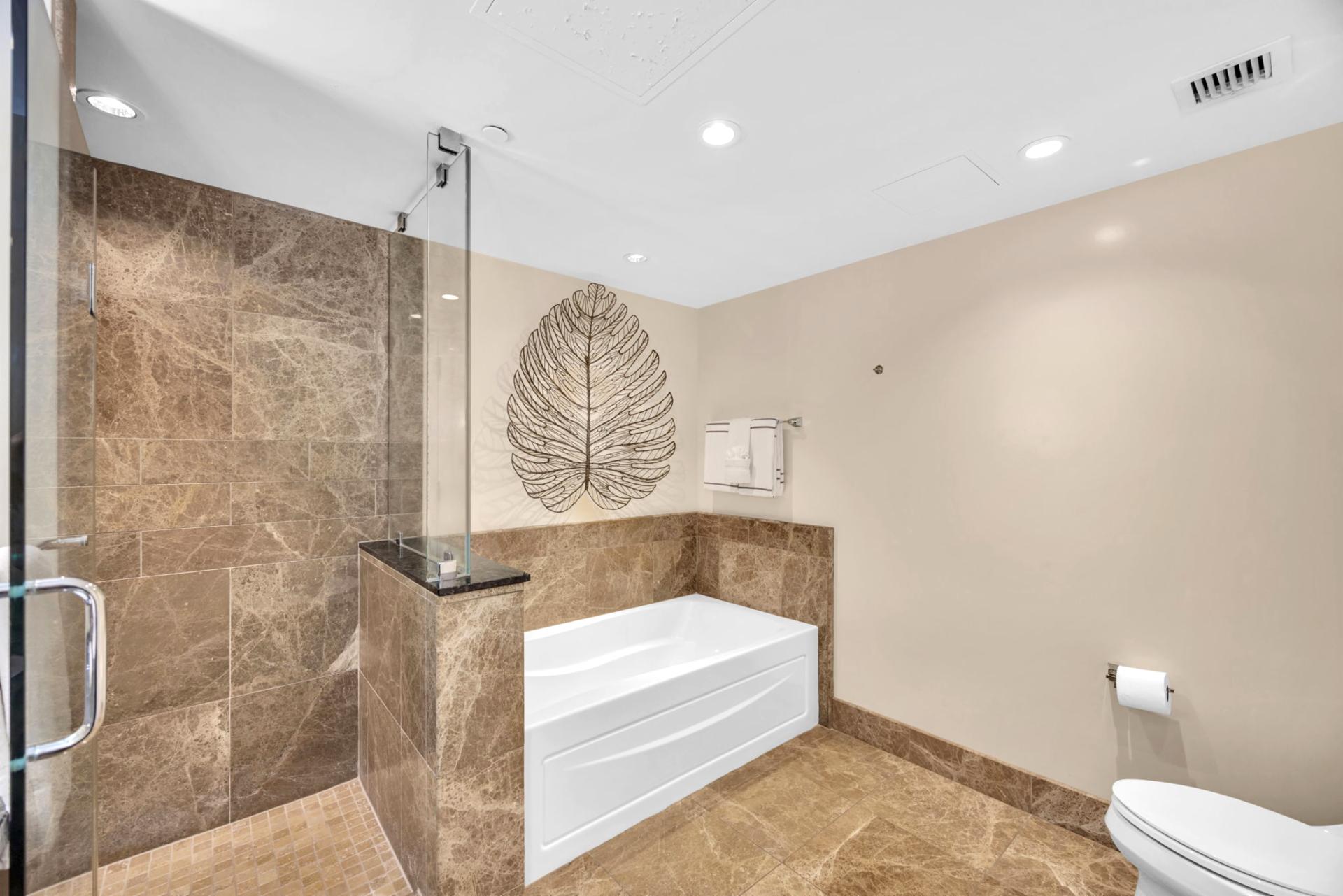 Spa-like master bath with soaking tub and luxe walk-in shower