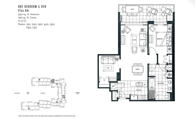 Floor plan for this One-Bedroom and Den Plan BD1 layout at Honua Kai Hokulani 442, with 950 square feet interior plus a 190 square foot lanai.