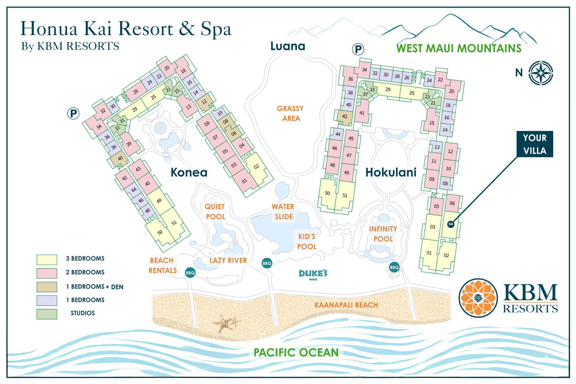 Resort map highlights Honua Kai's pools, Duke's, spa, and Kaanapali Beach walk