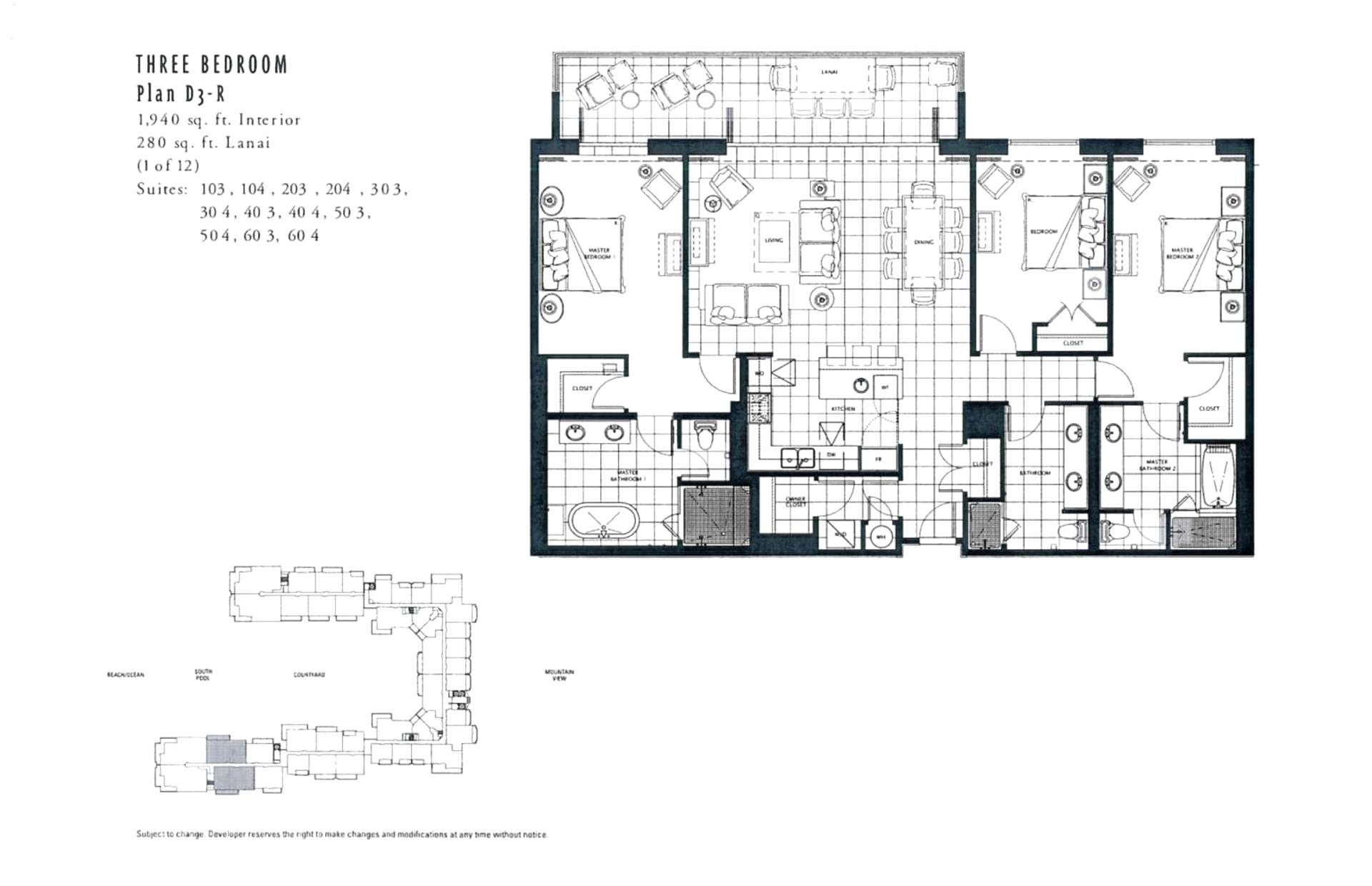 Detailed floor plan outlines the spacious layout of this Maui resort condo