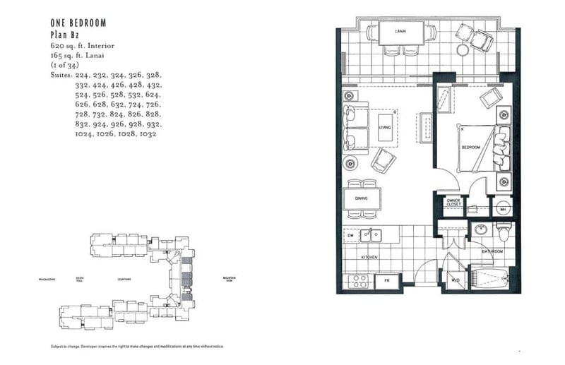 Floor plan for this One-Bedroom Plan B2 layout at Honua Kai Hokulani 524, with 620 square feet interior plus a 165 square foot lanai. HKH-524