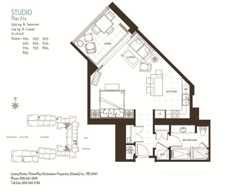 Studio floor plan at Honua Kai Hokulani 537 — 595 sq ft interior plus a 114 sq ft private lanai HKH-537