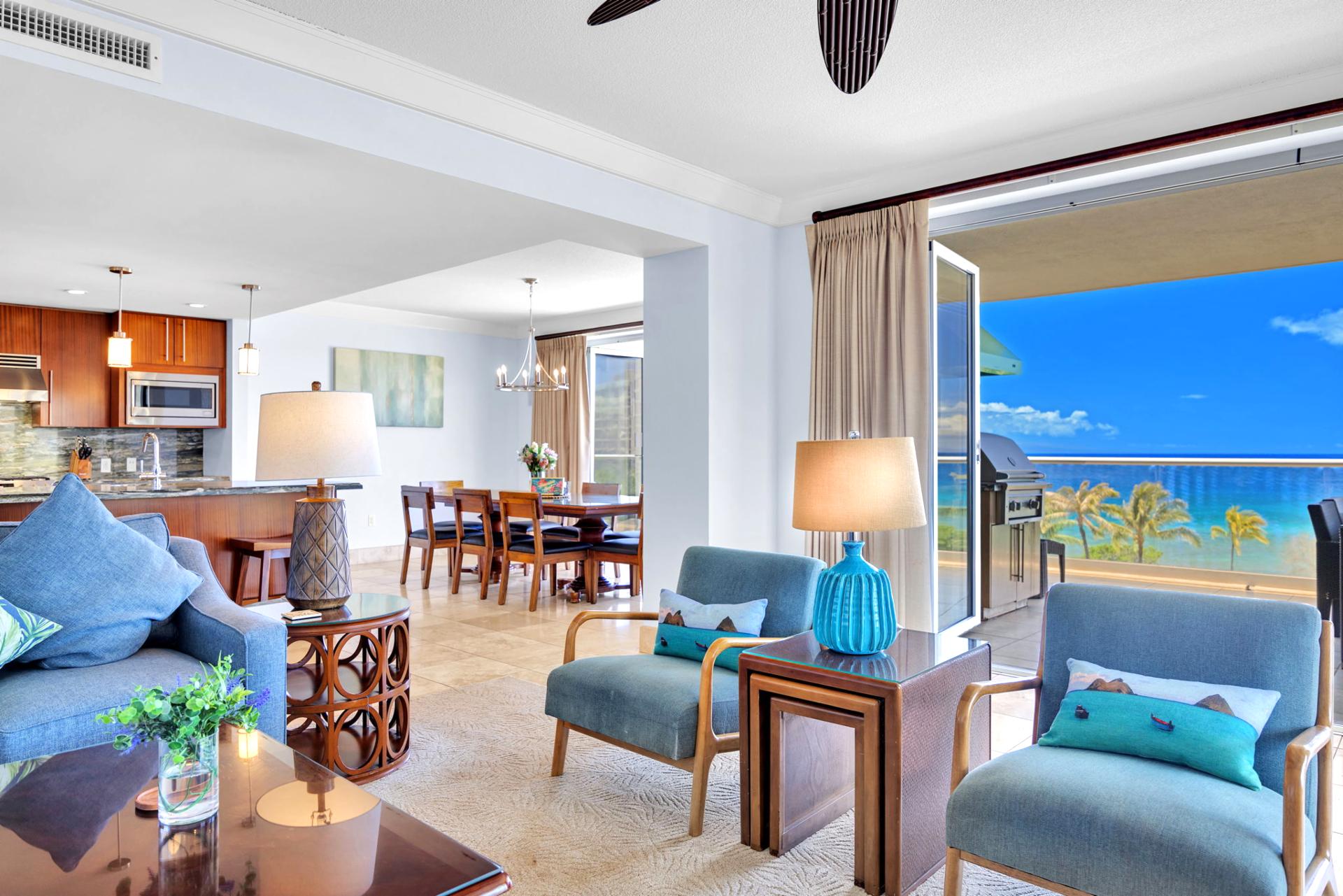 Spacious open-concept floor plan connects the kitchen, dining, and living areas.