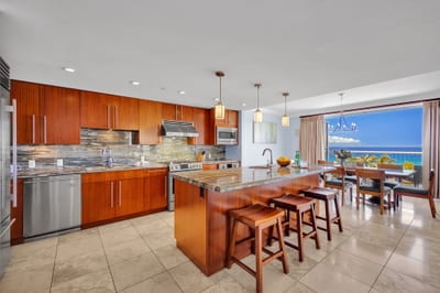 Fully equipped gourmet kitchen with granite countertops and premium appliances. HKH-550