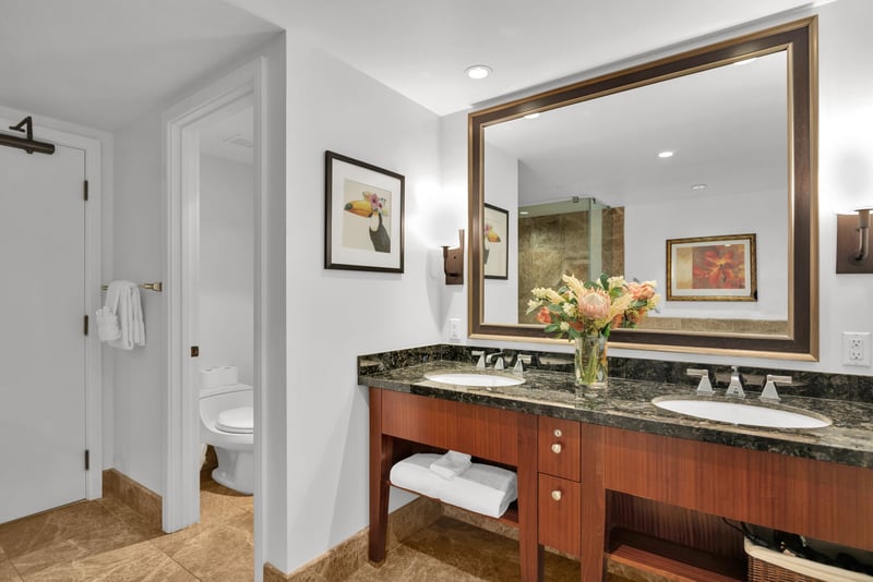 Spacious double vanity and separate water closet - perfect for your group to get ready for the day.