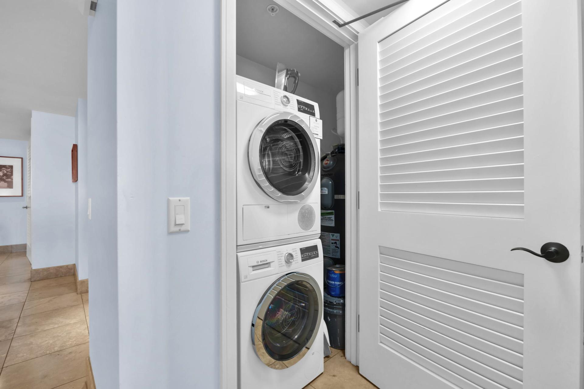 Enjoy the convenience of a full-size washer and dryer perfect for refreshing beachwear and extended stays