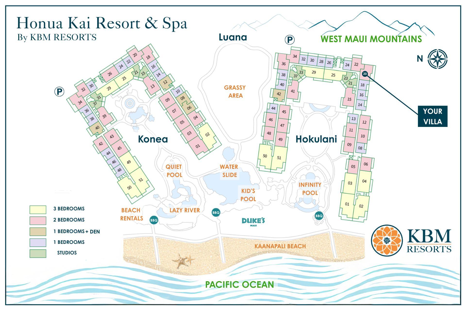 Resort map of Honua Kai Resort & Spa — your villa is perfectly located in the Hokulani Tower with easy access to pools, Duke’s Restaurant, and Kaanapali Beach.