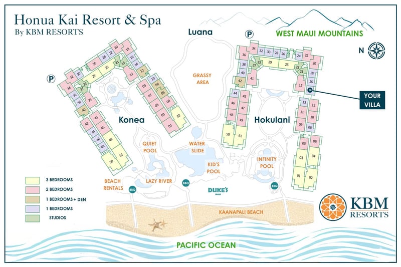 Resort site map at Honua Kai Resort & Spa — Hokulani 714's location relative to the infinity pool, water slide, and Kaanapali Beach