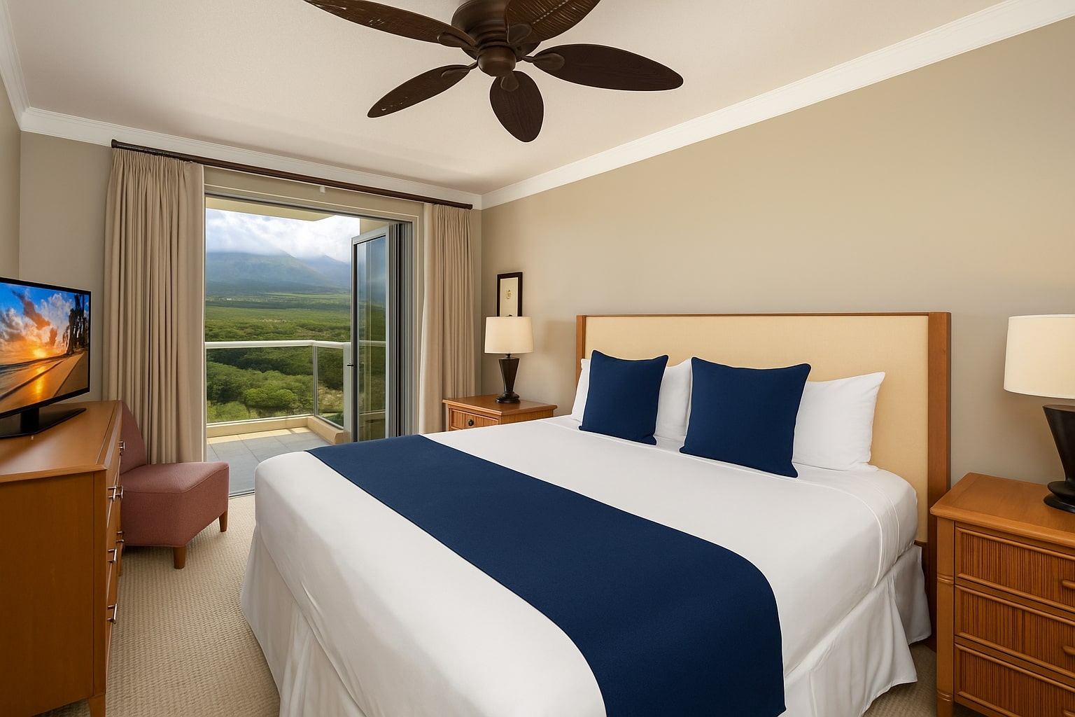 King bed for a luxurious sleep and wake up to coffee on your private lanai, overlooking the mountains
