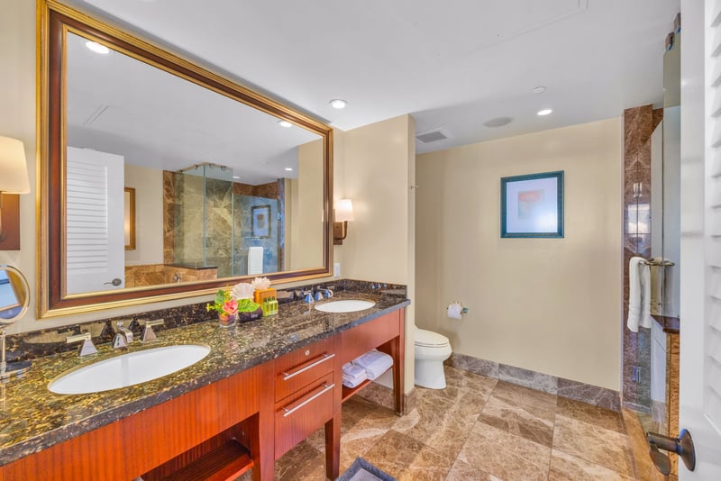 Guest bath with granite vanity and fresh design