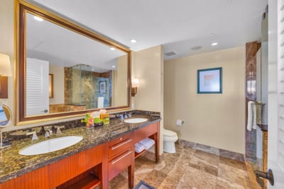 Guest bath with granite vanity and fresh design