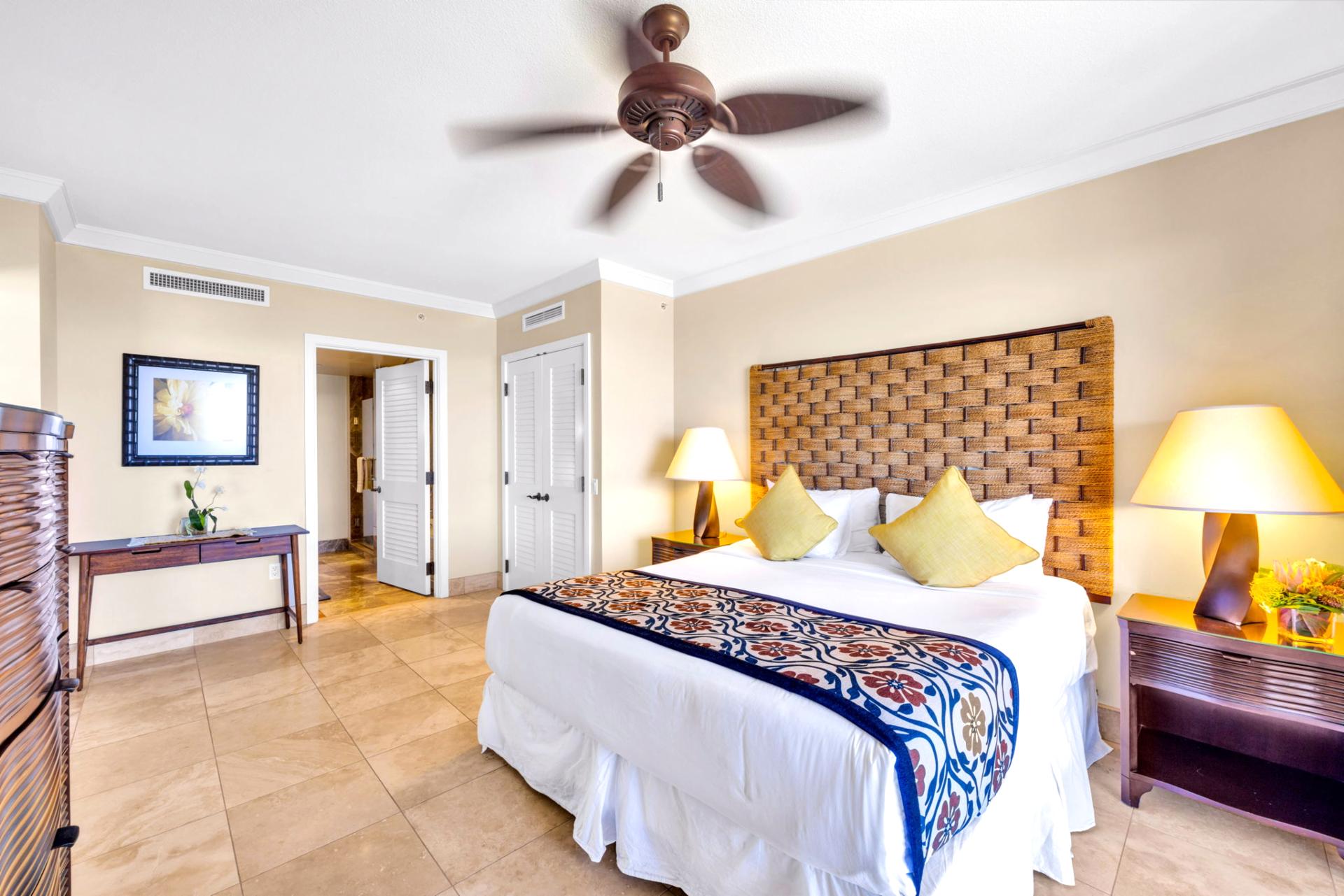 The spacious, well lit guest bedroom features an ensuite bath 