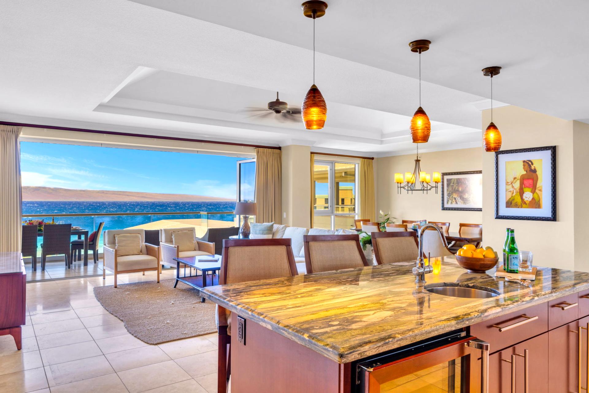 Stunning ocean views greet you from every living area, including the kitchen