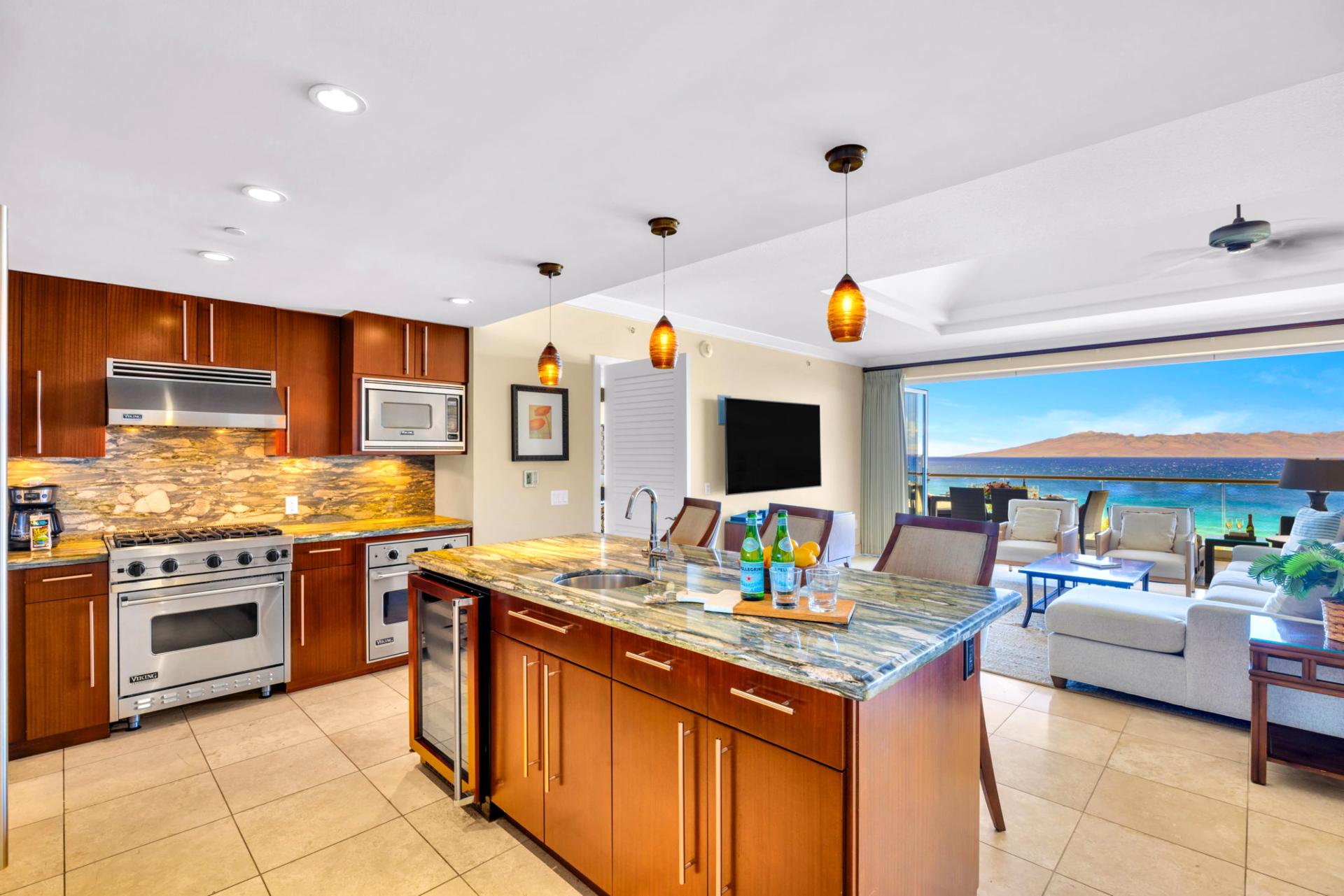 A spacious, gourmet kitchen with stunning ocean views
