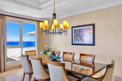 Enjoy comfortable seating for up to eight guests at the elegant dining room table