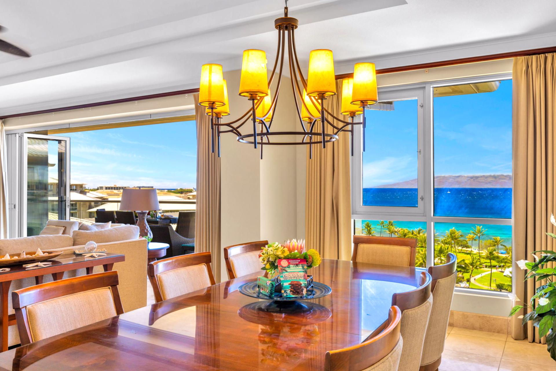 Elegant dining area framed by the sea