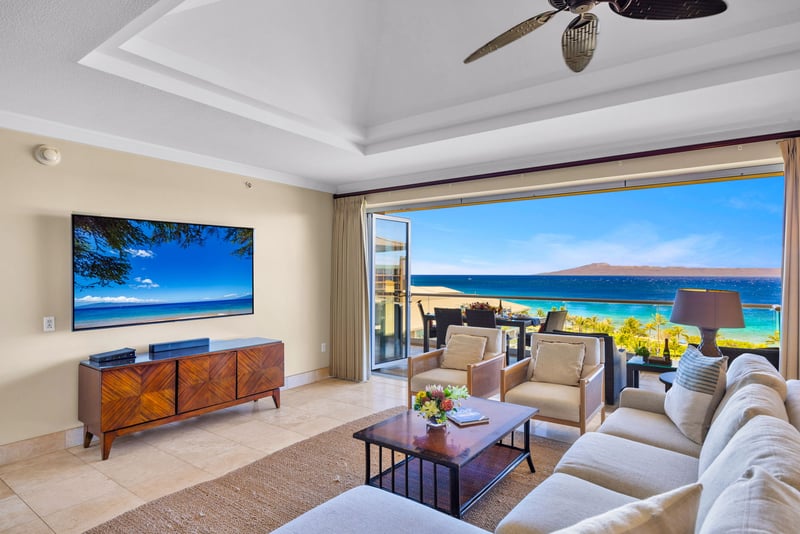 Bright living room with spectacular ocean backdrop