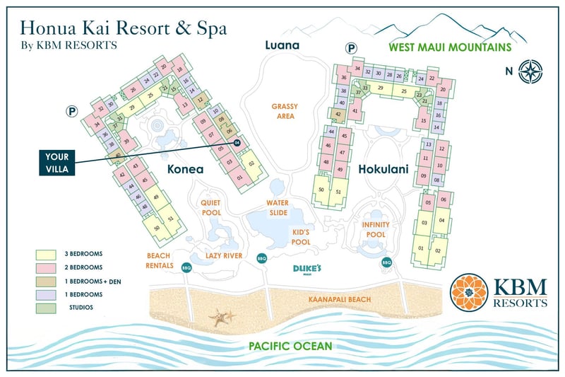 Honua Kai Resort site map showing Konea building 4's location, home to villa 104, near the lazy river and Kaanapali Beach.