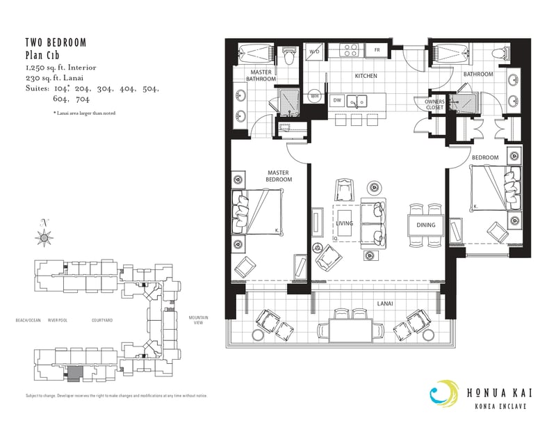 Floor plan for this Two-Bedroom Plan C1b layout at Honua Kai Konea 104, with 1,250 square feet interior plus a 230 square foot lanai.