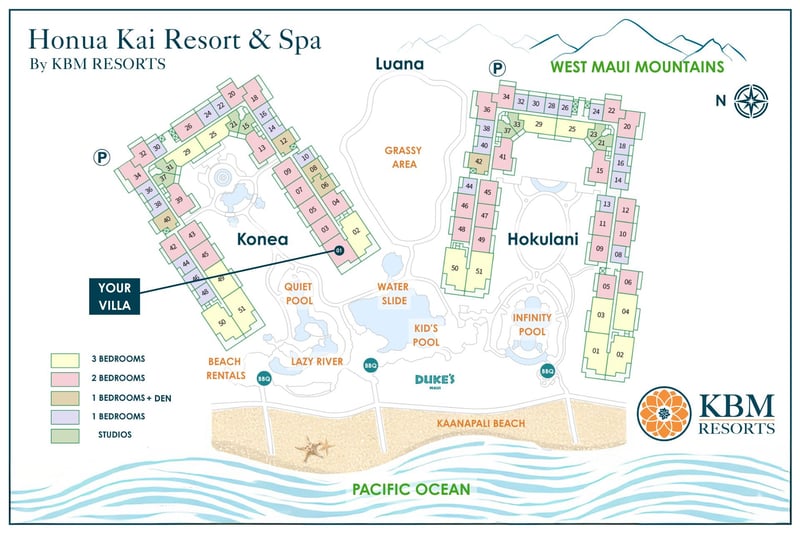 Resort map at Honua Kai Resort & Spa — Konea 201 sits near the Quiet Pool, Lazy River, and Water Slide