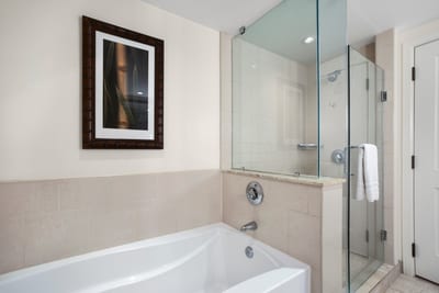 Spa-inspired bathroom with deep soaking tub and frameless glass shower. HKK-201