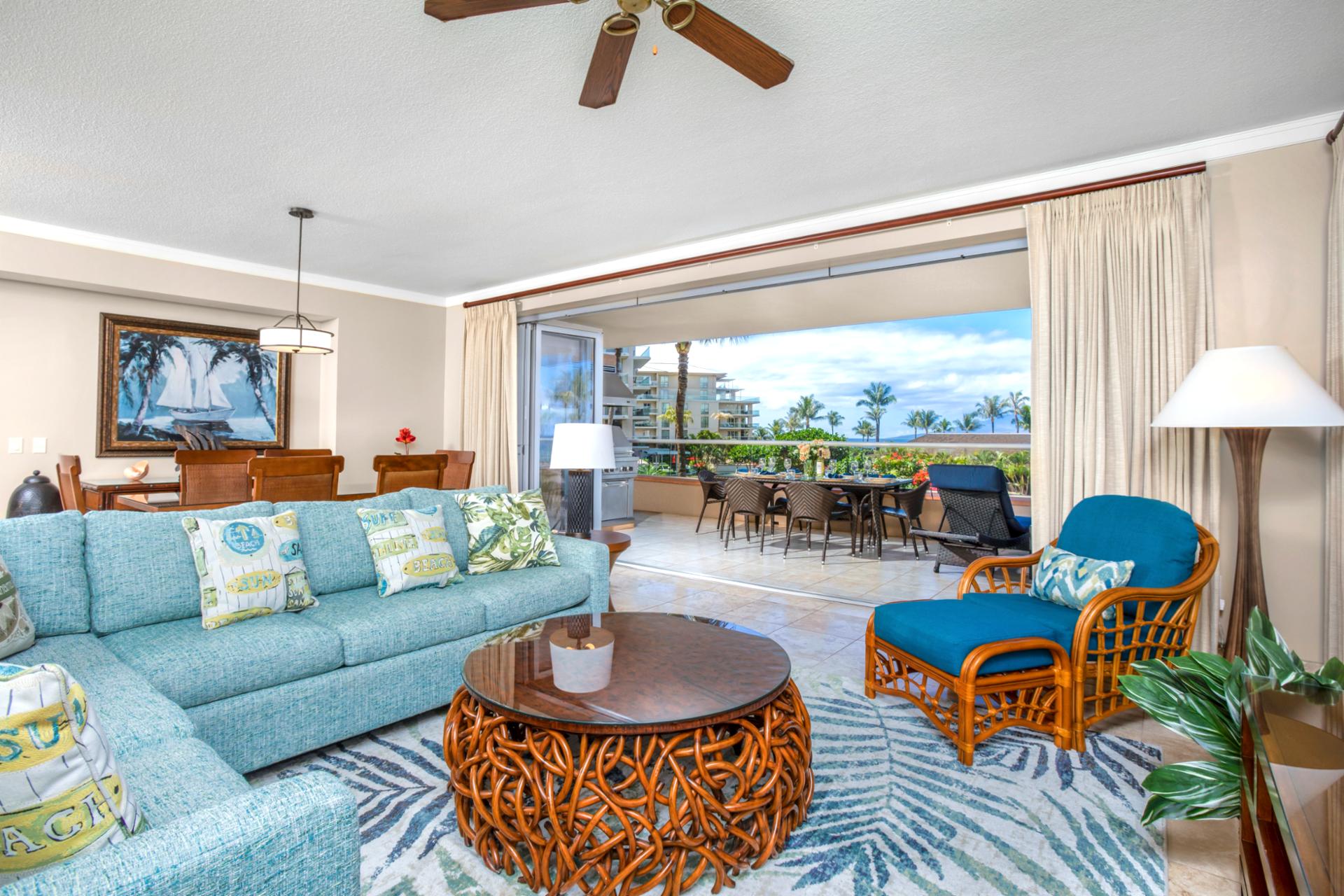 Elegant interiors blend seamlessly with the vibrant Hawaiian outdoors