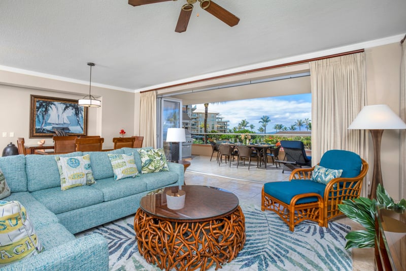 Elegant interiors blend seamlessly with the vibrant Hawaiian outdoors