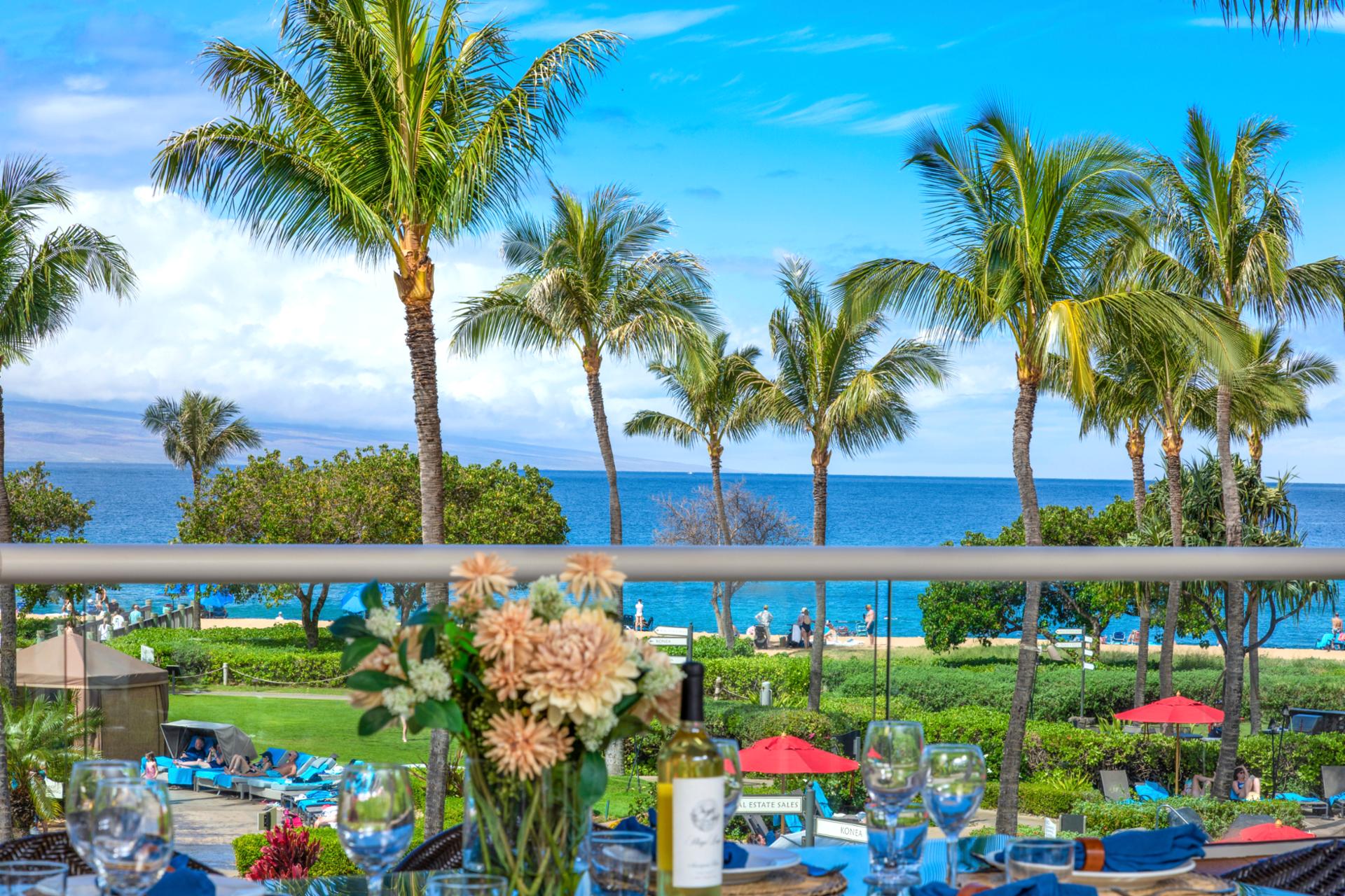 Tropical paradise views with ocean breeze and luxury beachfront dining.