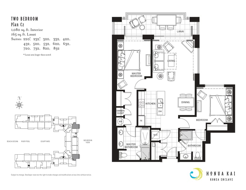Floor plan for this Two-Bedroom Plan C2 layout at Honua Kai Konea 220, with 1,080 square feet interior plus a 165 square foot lanai. HKK-220