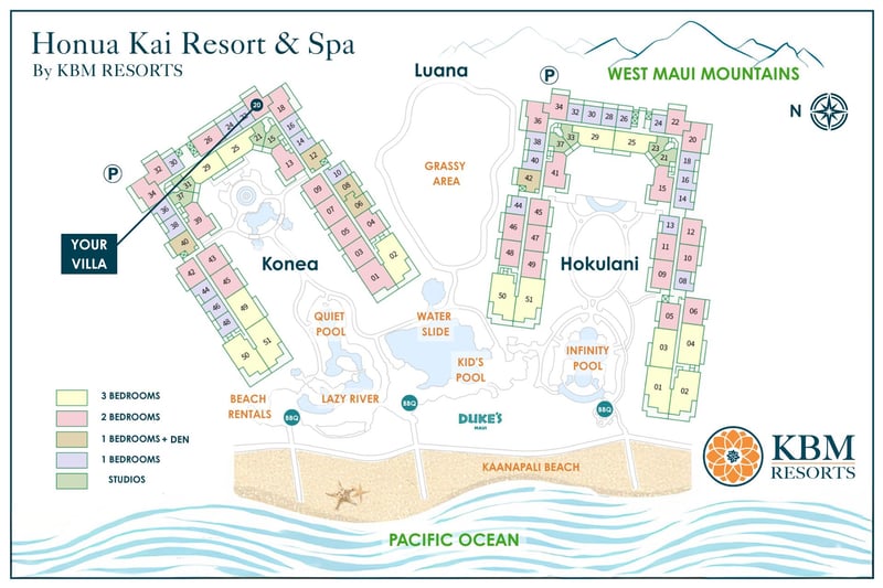 Honua Kai Resort site map showing Konea building 20's location, home to villa 220, near the lazy river and Kaanapali Beach. HKK-220