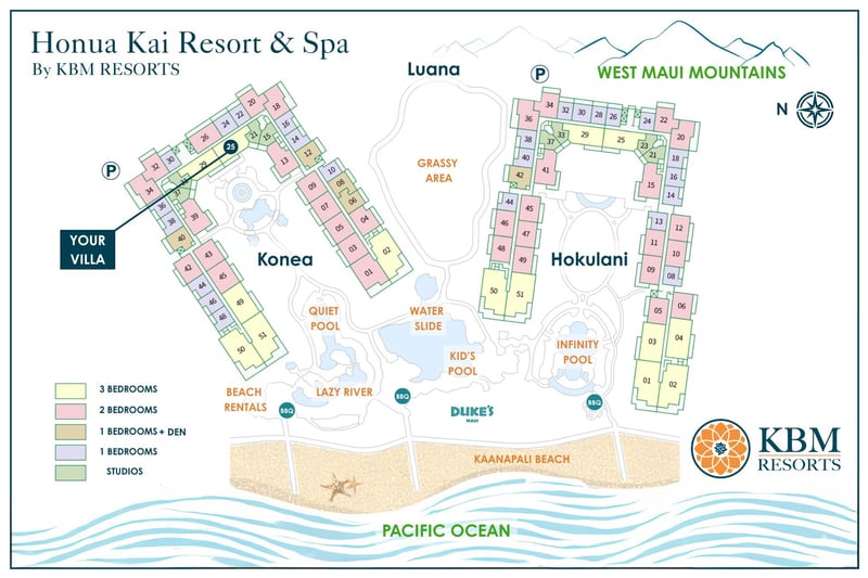 Resort site map at Honua Kai Resort & Spa — Konea 225's location relative to the quiet pool, lazy river, and Kaanapali Beach HKK-225