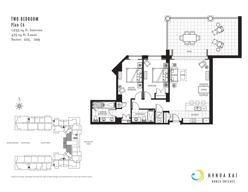 Floor plan at Honua Kai Konea 225 — two-bedroom Plan C6 layout with 1,235 sq. ft. interior and a 475 sq. ft. lanai HKK-225