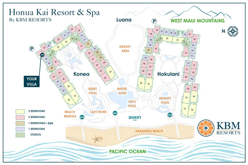 Resort site map at Honua Kai Resort & Spa — Konea 234's location relative to the quiet pool, lazy river, and Kaanapali Beach