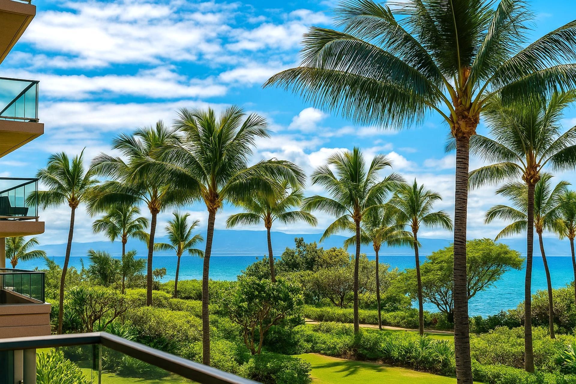 Swaying palms and a peek at the Pacific create a tranquil backdrop from your private Maui balcony retreat HKK-234