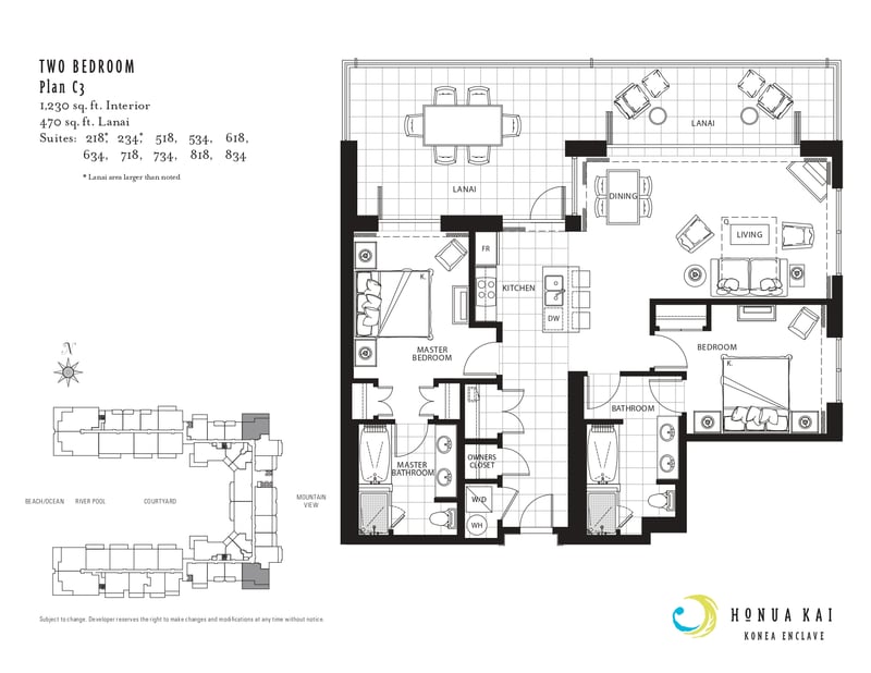 Floor plan at Honua Kai Konea 234 — two-bedroom Plan C3 layout with 1,230 sq. ft. interior and a 470 sq. ft. lanai