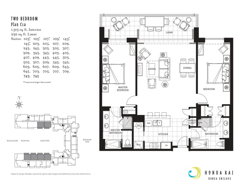 Floor plan for this Two-Bedroom Plan C1a layout at Honua Kai Konea 309, with 1,315 square feet interior plus a 230 square foot lanai.