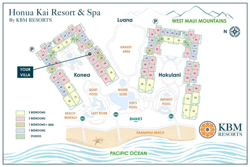 Honua Kai Resort site map showing Konea building 9's location, home to villa 309, near the lazy river and Kaanapali Beach.