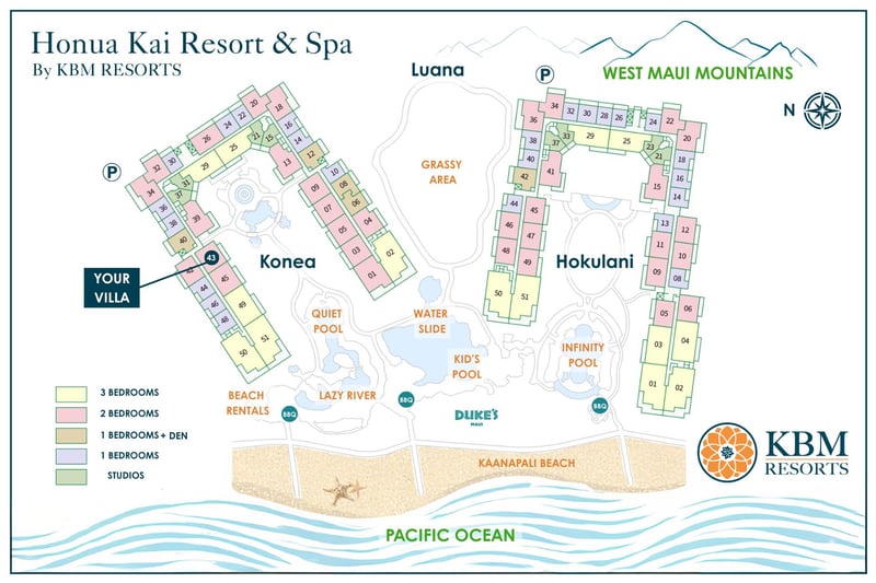 Resort site map at Honua Kai Resort & Spa — Konea 343's location relative to the quiet pool, lazy river, and Kaanapali Beach