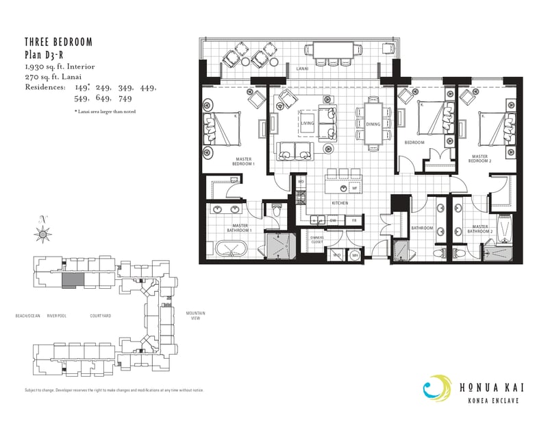 Floor plan for this Three-Bedroom Plan D3-R layout at Honua Kai Konea 349, with 1,930 square feet interior plus a 270 square foot lanai.