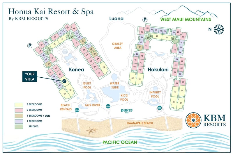 Honua Kai Resort site map showing Konea building 49's location, home to villa 349, near the lazy river and Kaanapali Beach.