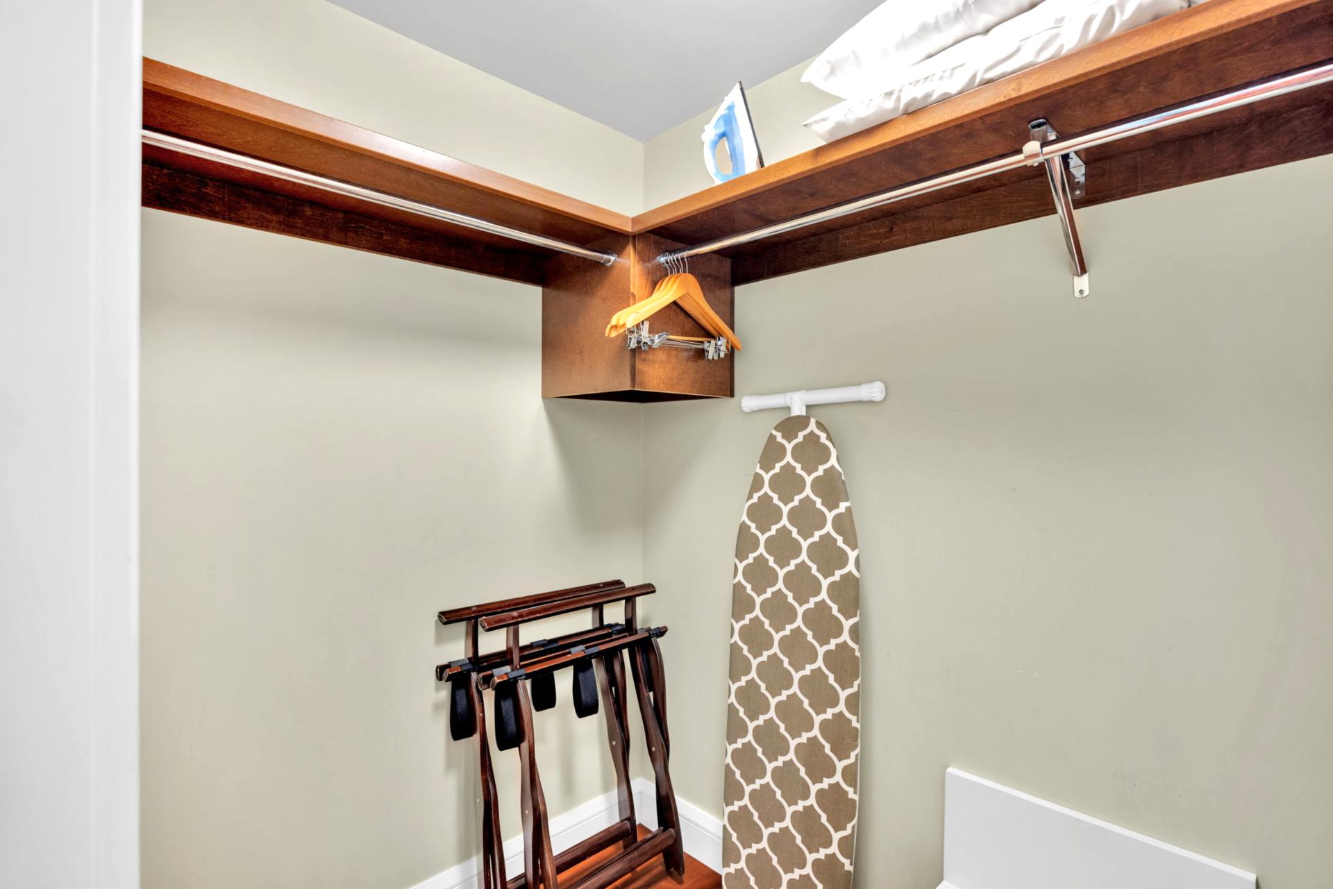 An ironing board and iron are provided for added convenience