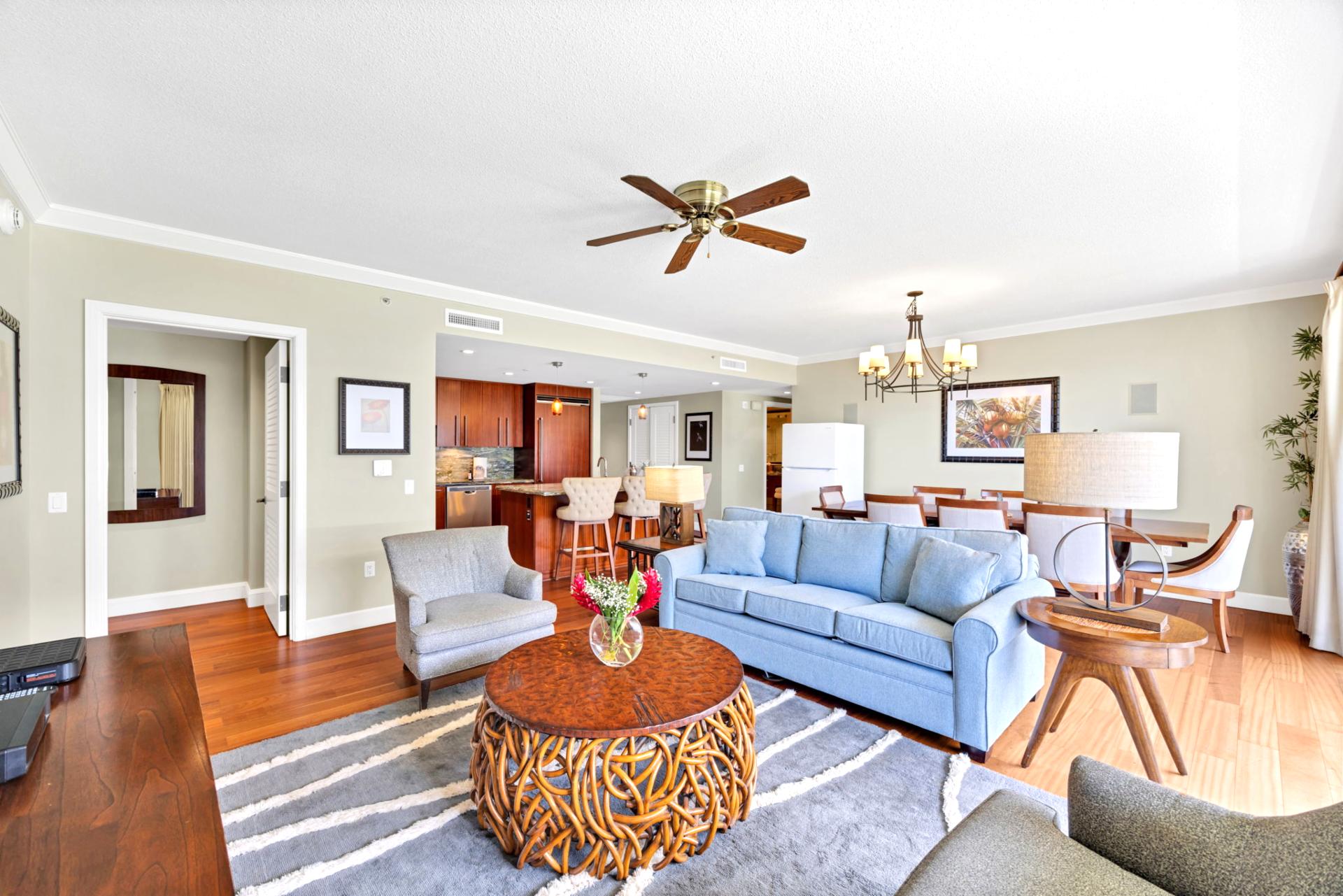 Spacious seating area for gathering after a day at the beach