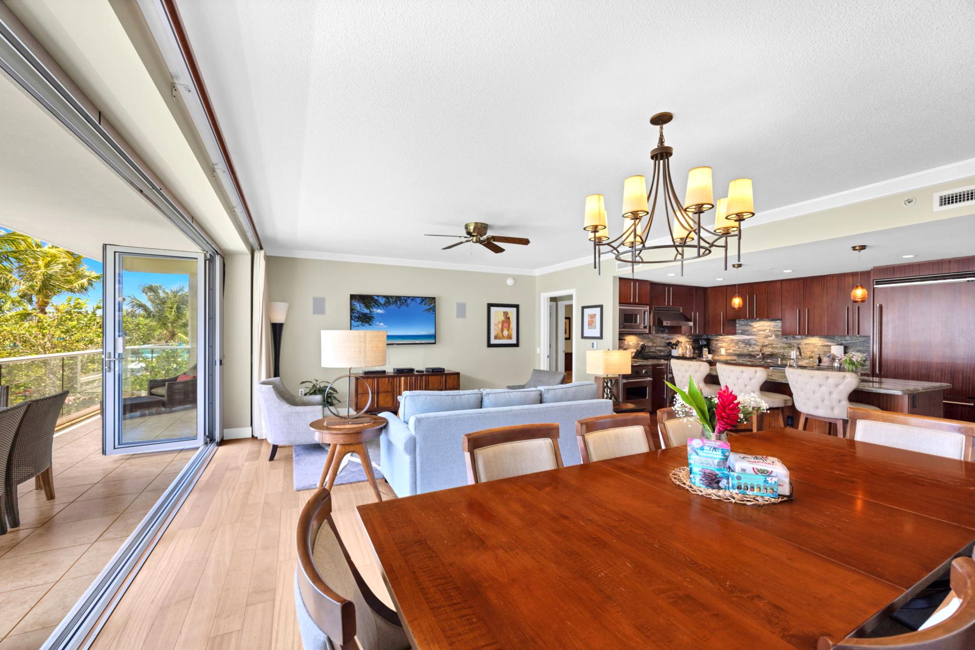 Dining area with views of the lush resort grounds